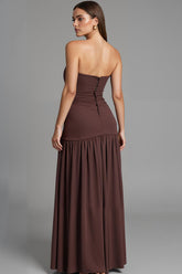 Kaffee Trägerloses A-Linie Abendkleid aus Baumwolle mit Rüschen und Schlitz
